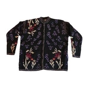 VTG Womens Cardigan Sz PL Black Floral Embroidered Sweater Nordic Scandi Cottage